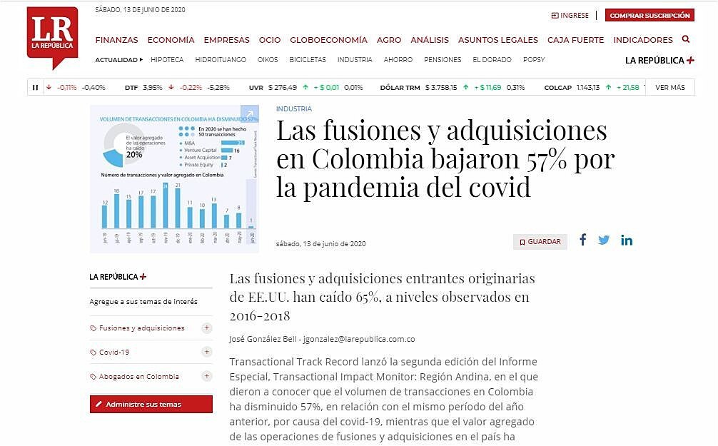 Las fusiones y adquisiciones en Colombia bajaron 57% por la pandemia del covid